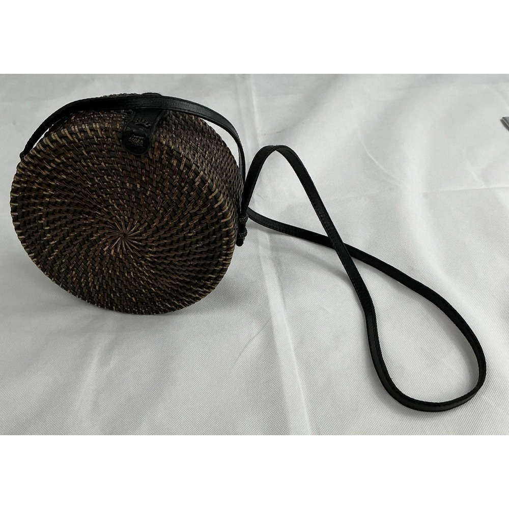 Round Rattan Crossbody Bag Woven Straw Circle Purse Brown Floral Lining Boho
